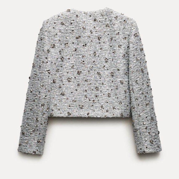 NEW SILVER METALLIC TWEED BLAZER XS  WITH SEQUINS (LOOKS LIKE ZARA) - Picture 2 of 11